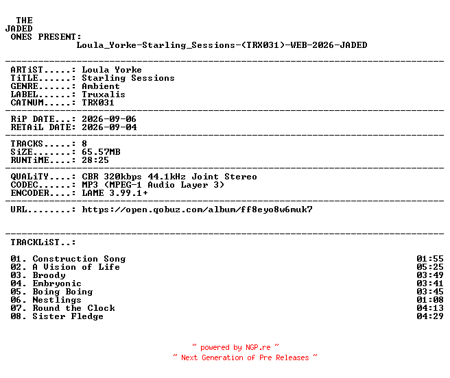 NFO for the release Loula_Yorke-Starling_Sessions-(TRX031)-WEB-2026-JADED by JADED