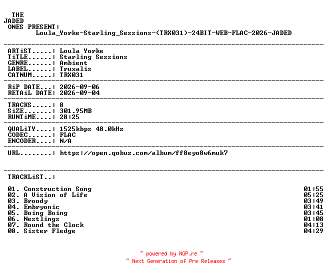 NFO for the release Loula_Yorke-Starling_Sessions-(TRX031)-24BIT-WEB-FLAC-2026-JADED by JADED