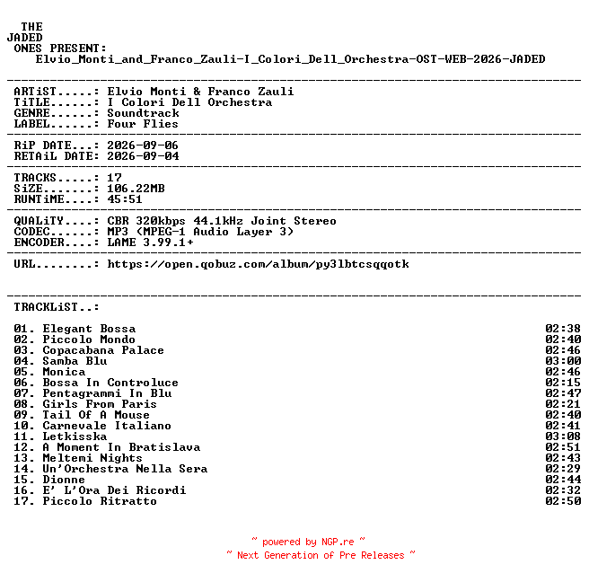 NFO for the release Elvio_Monti_and_Franco_Zauli-I_Colori_Dell_Orchestra-OST-WEB-2026-JADED by JADED