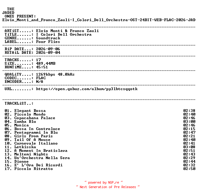 NFO for the release Elvio_Monti_and_Franco_Zauli-I_Colori_Dell_Orchestra-OST-24BIT-WEB-FLAC-2026-JADED by JADED
