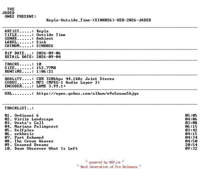NFO for the release Kepla-Outside_Time-(SINK026)-WEB-2026-JADED by JADED