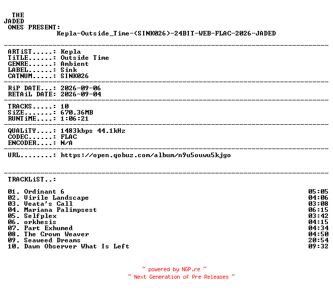 NFO for the release Kepla-Outside_Time-(SINK026)-24BIT-WEB-FLAC-2026-JADED by JADED