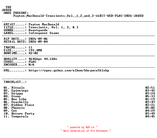NFO for the release Payton_MacDonald-Transients_Vol._1_2_and_3-16BIT-WEB-FLAC-2026-JADED by JADED