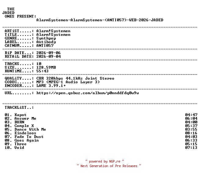 NFO for the release AlarmSystemen-AlarmSystemen-(ANTI057)-WEB-2026-JADED by JADED