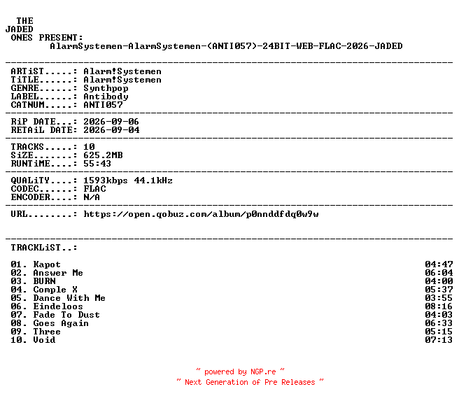 NFO for the release AlarmSystemen-AlarmSystemen-(ANTI057)-24BIT-WEB-FLAC-2026-JADED by JADED