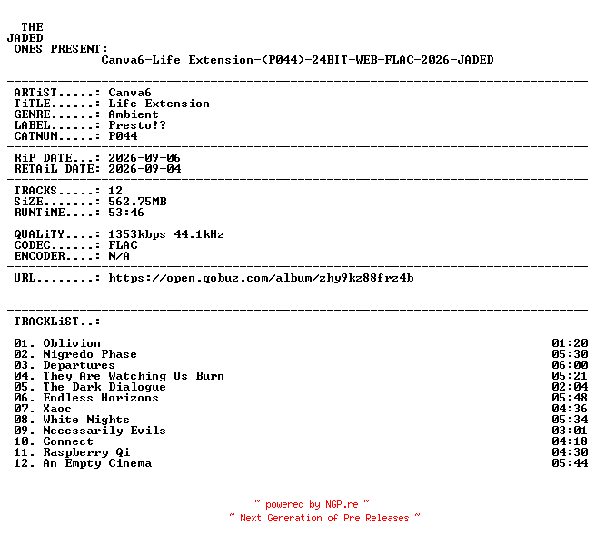 NFO for the release Canva6-Life_Extension-(P044)-24BIT-WEB-FLAC-2026-JADED by JADED