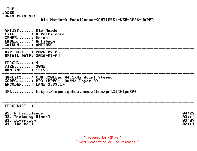 NFO for the release Die_Morde-A_Pestilence-(ANTI055)-WEB-2026-JADED by JADED