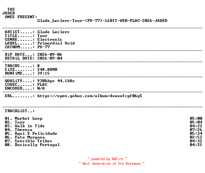 NFO for the release Glade_Leclerc-Tour-(PV-77)-16BIT-WEB-FLAC-2026-JADED by JADED