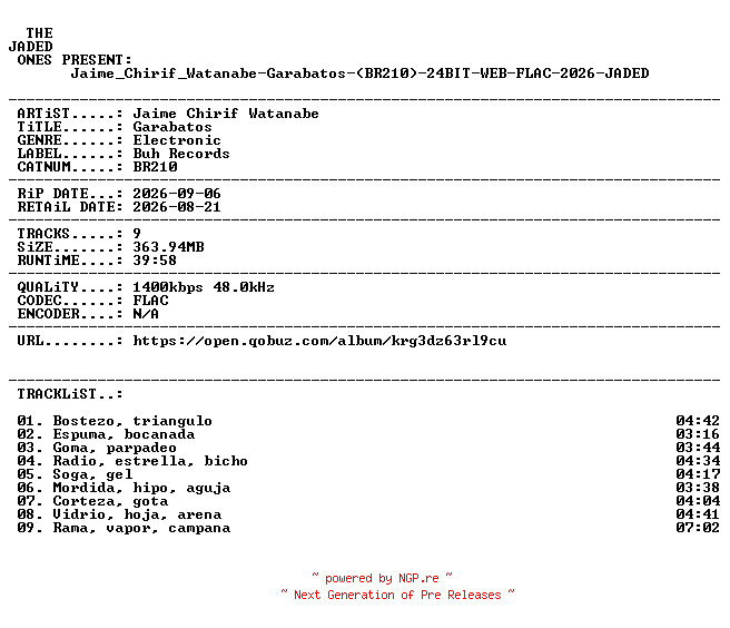 NFO for the release Jaime_Chirif_Watanabe-Garabatos-(BR210)-24BIT-WEB-FLAC-2026-JADED by JADED