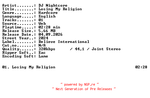 NFO for the release DJ_Nightcore-Losing_My_Religion-SINGLE-WEB-2024-XTC_iNT by XTC_iNT