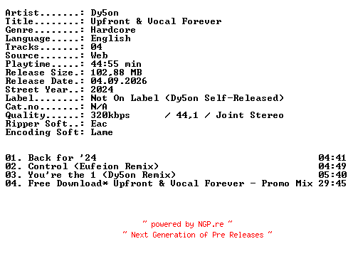 NFO for the release Dy5on-Upfront_and_Vocal_Forever-WEB-2024-XTC_iNT by XTC_iNT