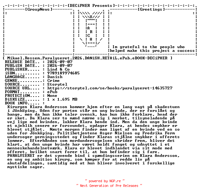 NFO for the release Mikael.Ressem.Paralyseret.2026.DANiSH.RETAiL.ePub.eBOOK-DECiPHER by DECiPHER