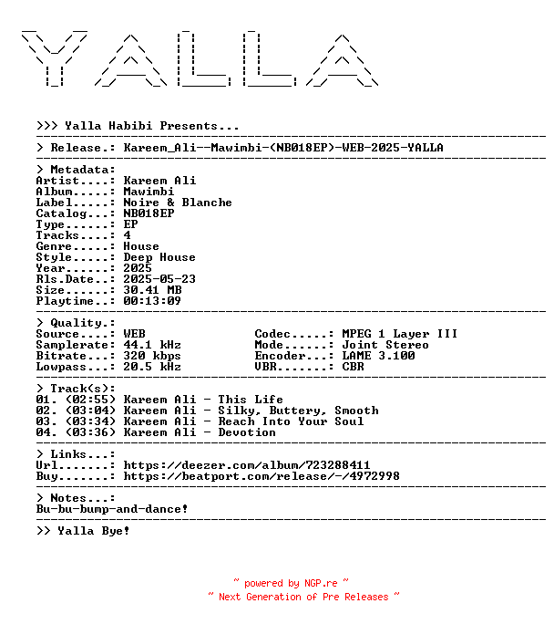 NFO for the release Kareem_Ali--Mawimbi-(NB018EP)-WEB-2025-YALLA by YALLA