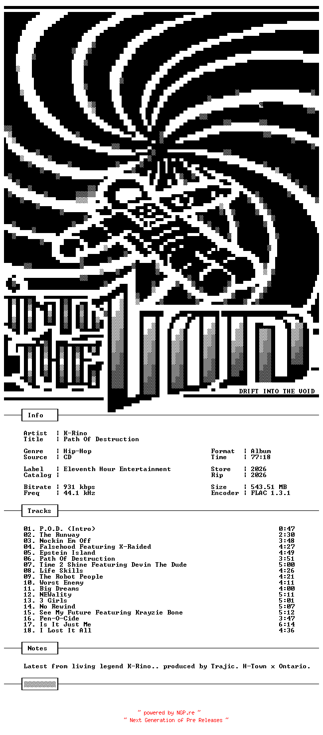 NFO for the release K-Rino-Path_Of_Destruction-CD-FLAC-2026-THEVOiD by THEVOiD