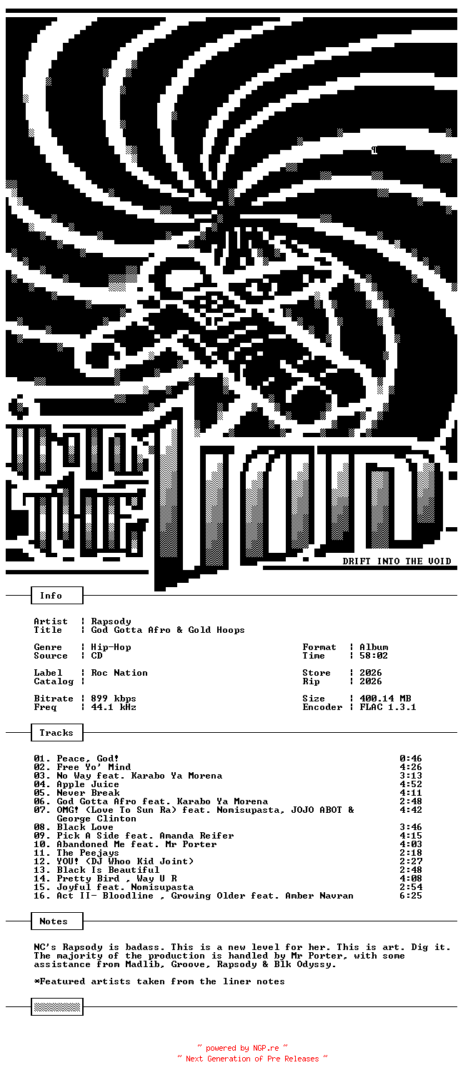 NFO for the release Rapsody-God_Gotta_Afro_and_Gold_Hoops-CD-FLAC-2026-THEVOiD by THEVOiD