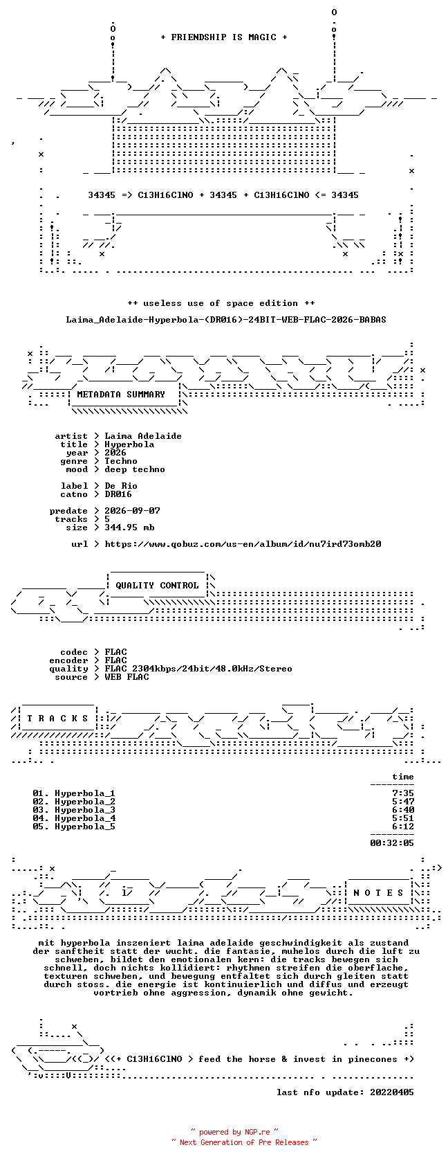 NFO for the release Laima_Adelaide-Hyperbola-(DR016)-24BIT-WEB-FLAC-2026-BABAS by BABAS