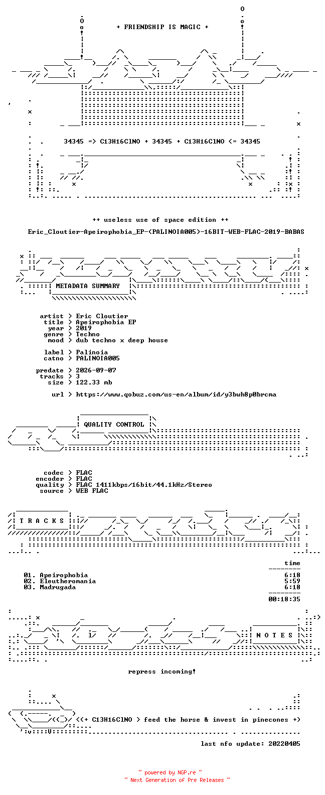NFO for the release Eric_Cloutier-Apeirophobia_EP-(PALINOIA005)-16BIT-WEB-FLAC-2019-BABAS by BABAS