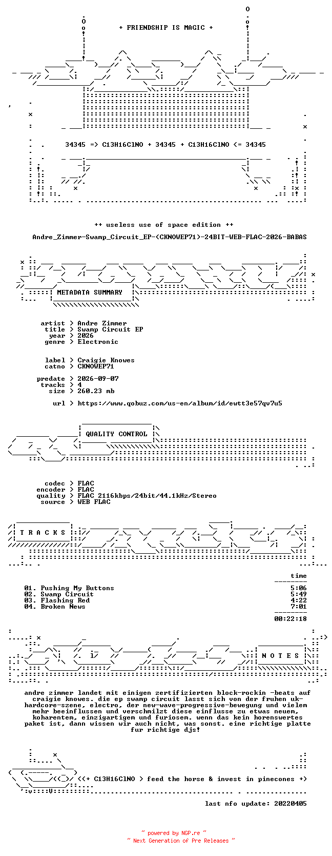 NFO for the release Andre_Zimmer-Swamp_Circuit_EP-(CKNOWEP71)-24BIT-WEB-FLAC-2026-BABAS by BABAS