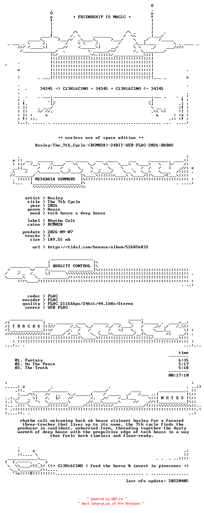 NFO for the release Huxley-The_7th_Cycle-(RCM028)-24BIT-WEB-FLAC-2026-BABAS by BABAS