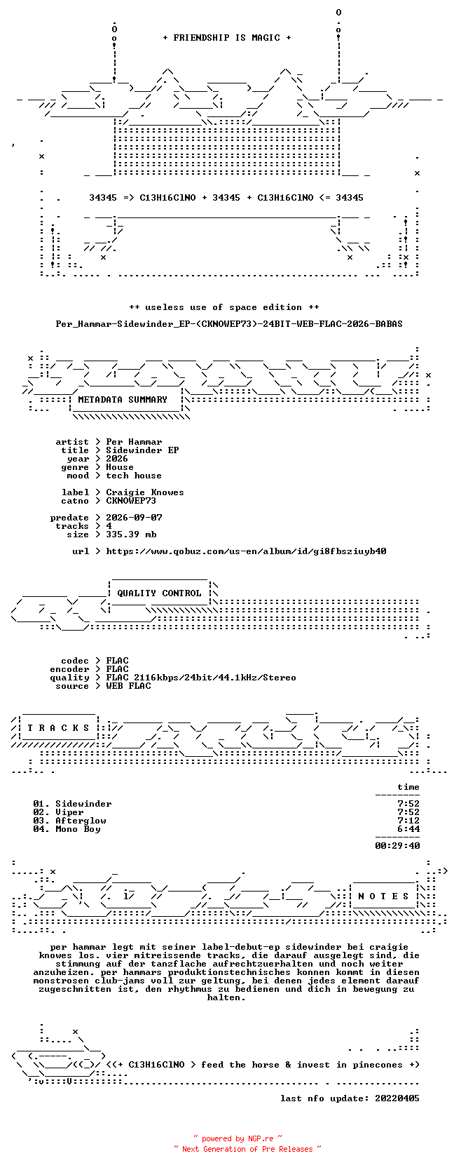 NFO for the release Per_Hammar-Sidewinder_EP-(CKNOWEP73)-24BIT-WEB-FLAC-2026-BABAS by BABAS