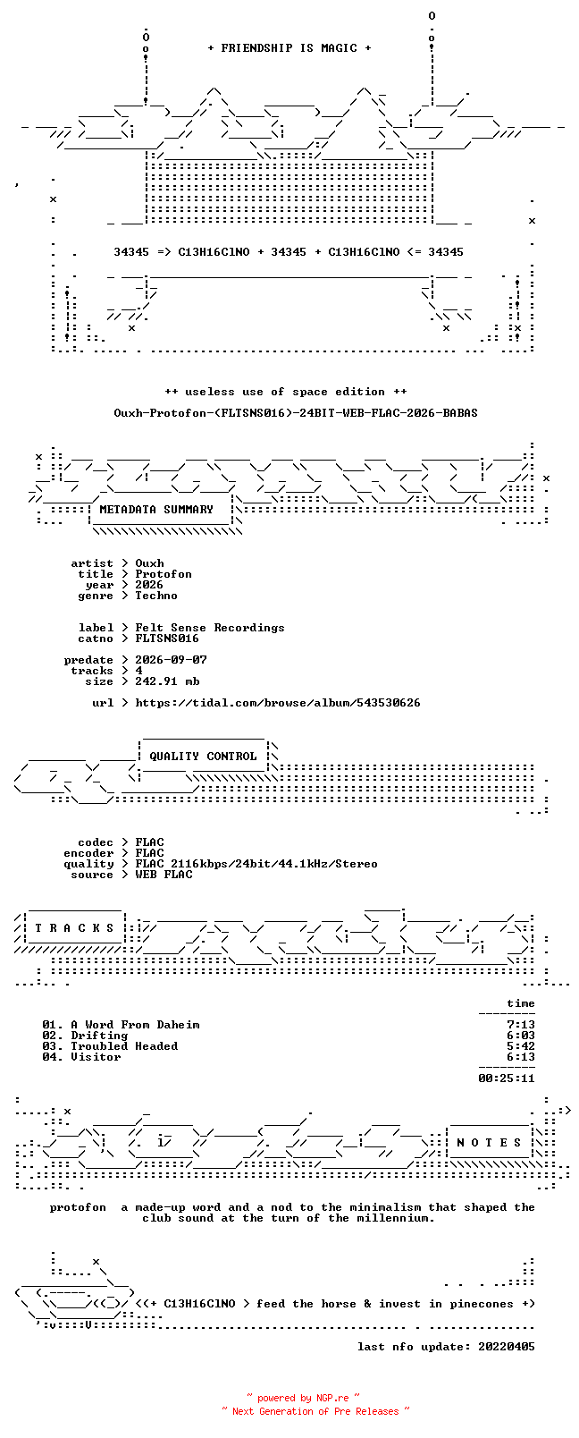 NFO for the release Ouxh-Protofon-(FLTSNS016)-24BIT-WEB-FLAC-2026-BABAS by BABAS