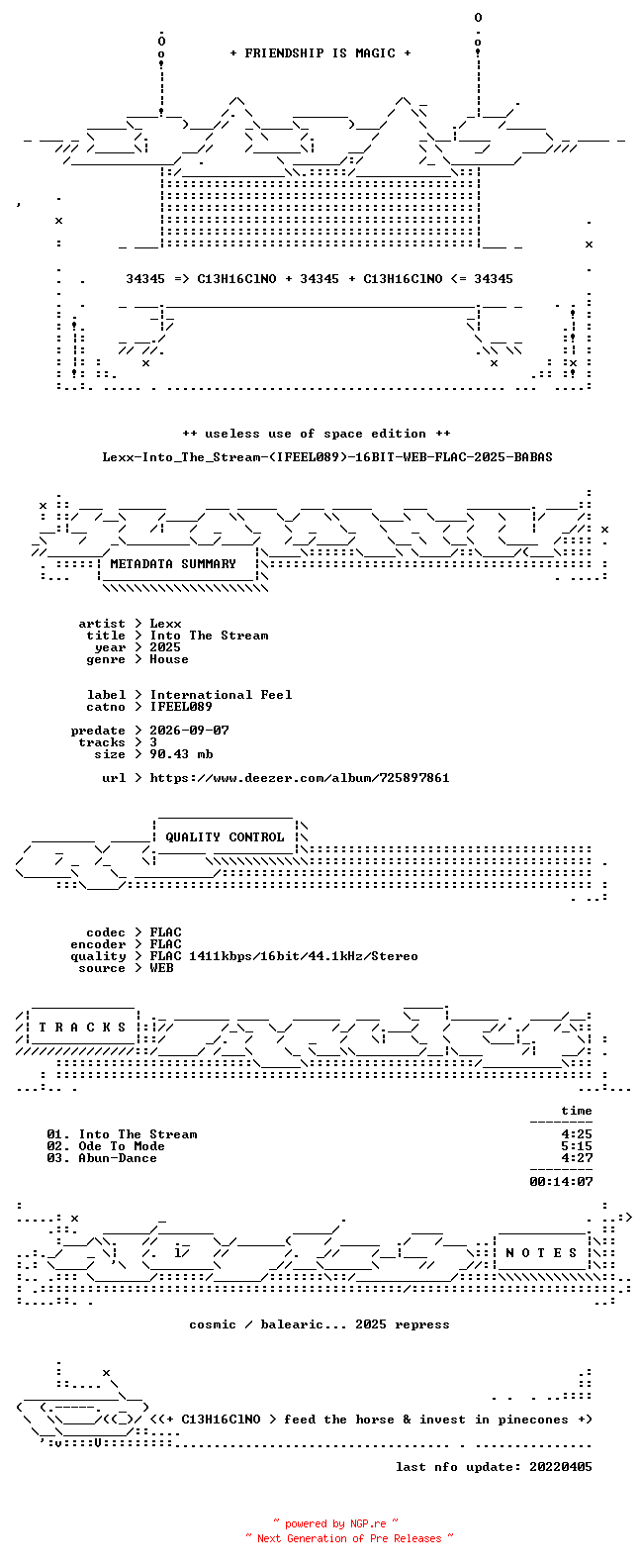 NFO for the release Lexx-Into_The_Stream-(IFEEL089)-16BIT-WEB-FLAC-2025-BABAS by BABAS
