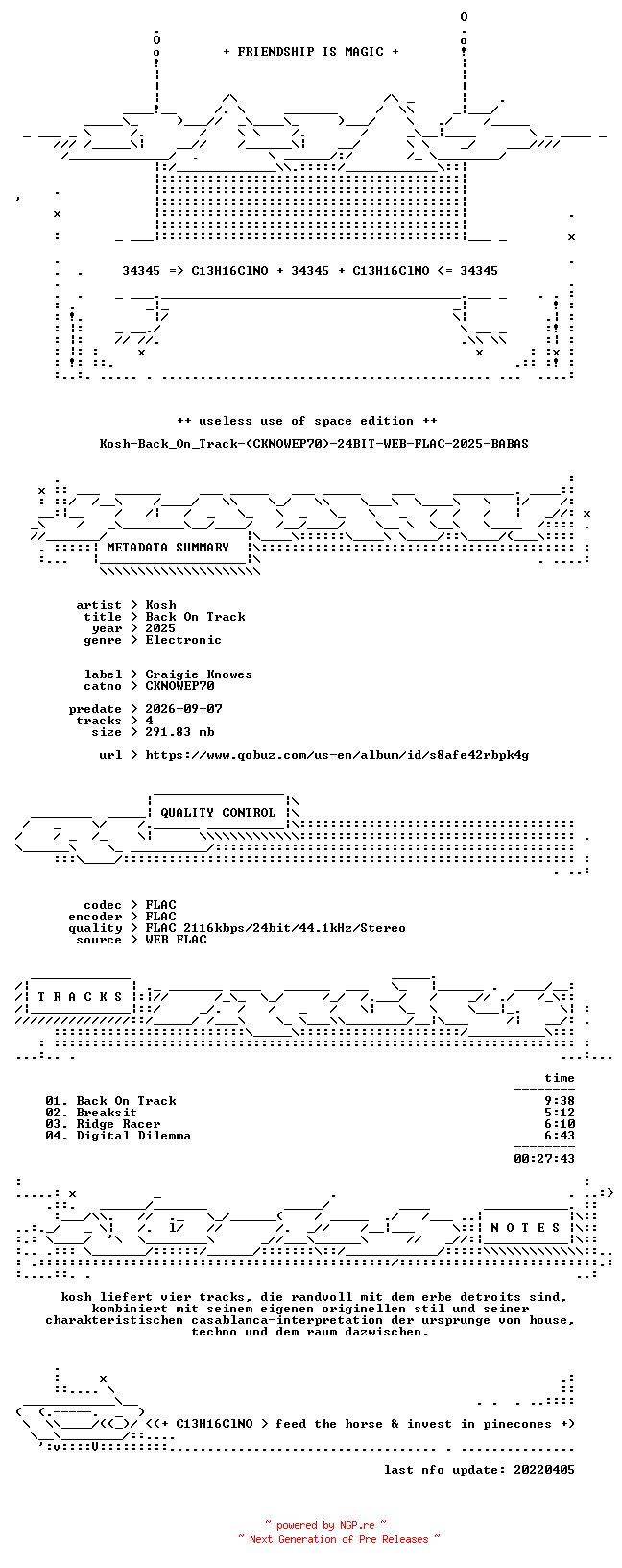NFO for the release Kosh-Back_On_Track-(CKNOWEP70)-24BIT-WEB-FLAC-2025-BABAS by BABAS