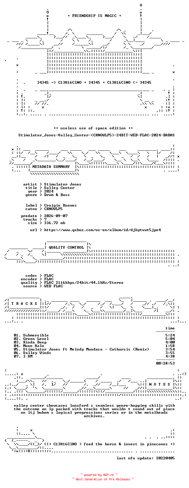 NFO for the release Stimulator_Jones-Valley_Center-(CKNOWLP5)-24BIT-WEB-FLAC-2024-BABAS by BABAS