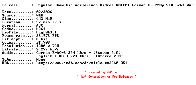 NFO for the release Regular.Show.Die.verlorenen.Videos.S01E01.German.DL.720p.WEB.h264-WvF by WvF