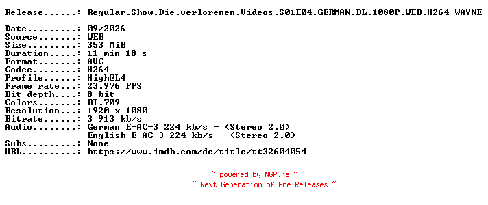 NFO for the release Regular.Show.Die.verlorenen.Videos.S01E04.GERMAN.DL.1080P.WEB.H264-WAYNE by WAYNE