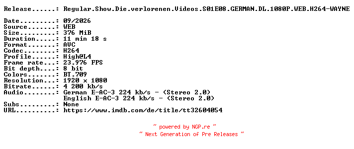 NFO for the release Regular.Show.Die.verlorenen.Videos.S01E08.GERMAN.DL.1080P.WEB.H264-WAYNE by WAYNE