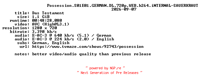 NFO for the release Possession.S01E01.GERMAN.DL.720p.WEB.h264.iNTERNAL-SAUERKRAUT by SAUERKRAUT