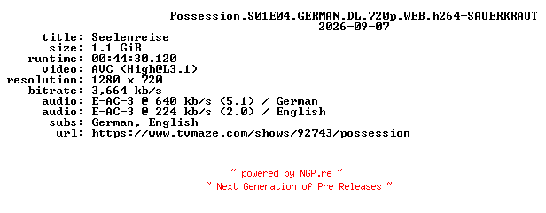 NFO for the release Possession.S01E04.GERMAN.DL.720p.WEB.h264-SAUERKRAUT by SAUERKRAUT