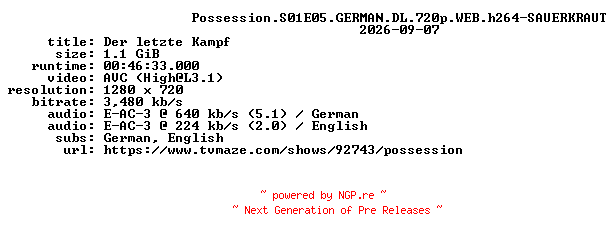 NFO for the release Possession.S01E05.GERMAN.DL.720p.WEB.h264-SAUERKRAUT by SAUERKRAUT