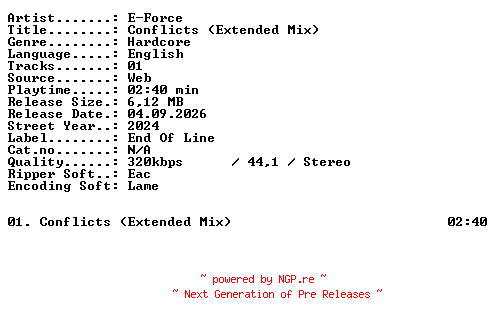 NFO for the release E-Force-Conflicts_(Extended_Mix)-SINGLE-WEB-2024-XTC_iNT by XTC_iNT