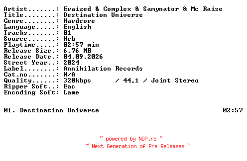 NFO for the release Eraized_and_Complex_and_Samynator_and_Mc_Raise-Destination_Universe-SINGLE-WEB-2024-XTC_iNT by XTC_iNT