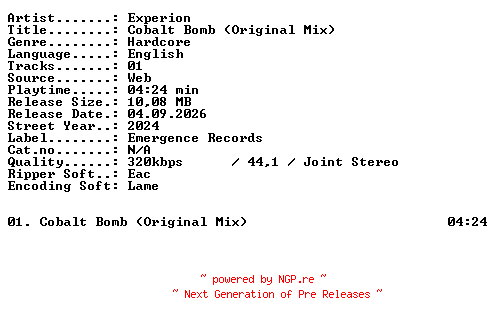 NFO for the release Experion-Cobalt_Bomb_(Original_Mix)-SINGLE-WEB-2024-XTC_iNT by XTC_iNT