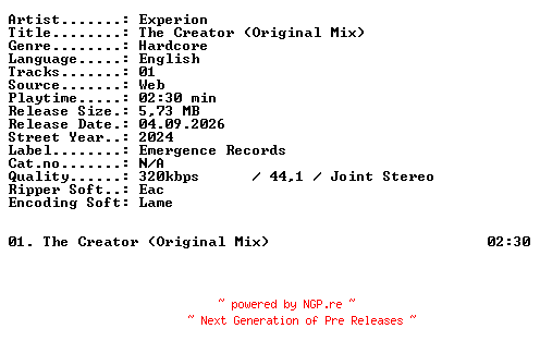 NFO for the release Experion-The_Creator_(Original_Mix)-SINGLE-WEB-2024-XTC_iNT by XTC_iNT