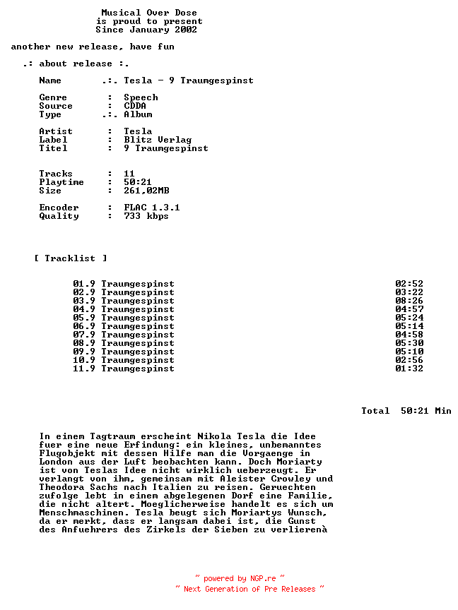 NFO for the release Tesla-9_Traumgespinst-DE-Audiobook-CD-FLAC-2026-MOD by MOD
