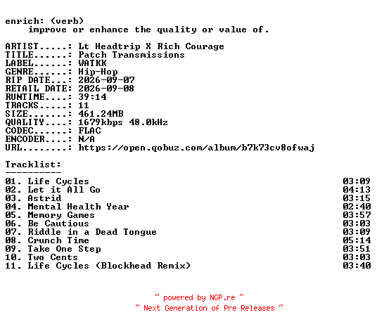 NFO for the release Lt_Headtrip_X_Rich_Courage-Patch_Transmissions-24BIT-WEB-FLAC-2026-ENRiCH by ENRiCH