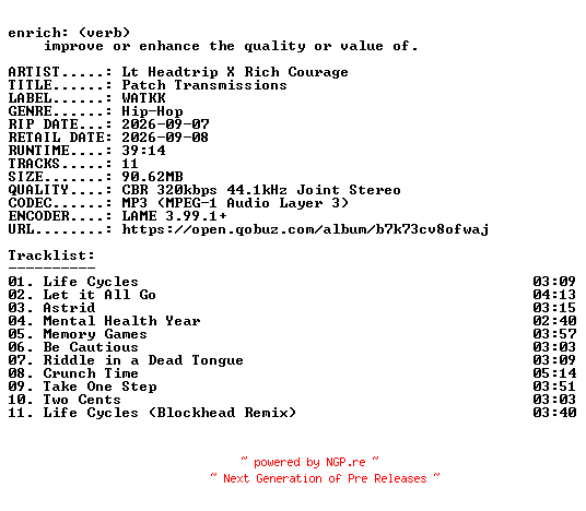 NFO for the release Lt_Headtrip_X_Rich_Courage-Patch_Transmissions-WEB-2026-ENRiCH by ENRiCH
