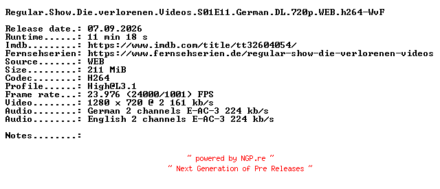 NFO for the release Regular.Show.Die.verlorenen.Videos.S01E11.German.DL.720p.WEB.h264-WvF by WvF
