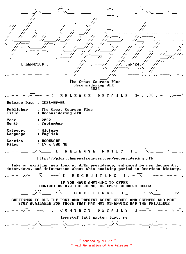 NFO for the release The.Great.Courses.Plus.-.Reconsidering.JFK.2022.BOOKWARE-LERNSTUF by LERNSTUF
