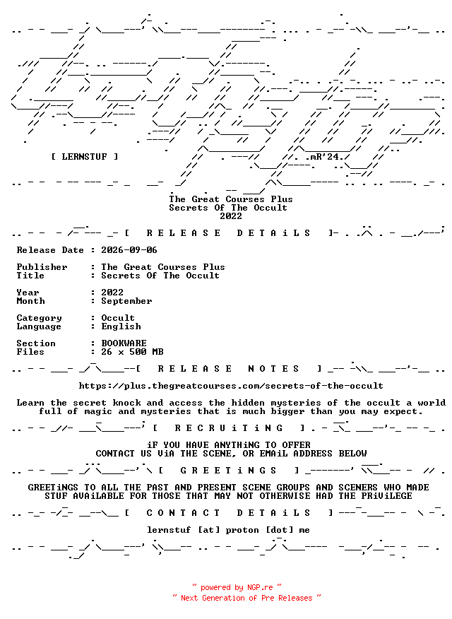 NFO for the release The.Great.Courses.Plus.-.Secrets.Of.The.Occult.2022.BOOKWARE-LERNSTUF by LERNSTUF