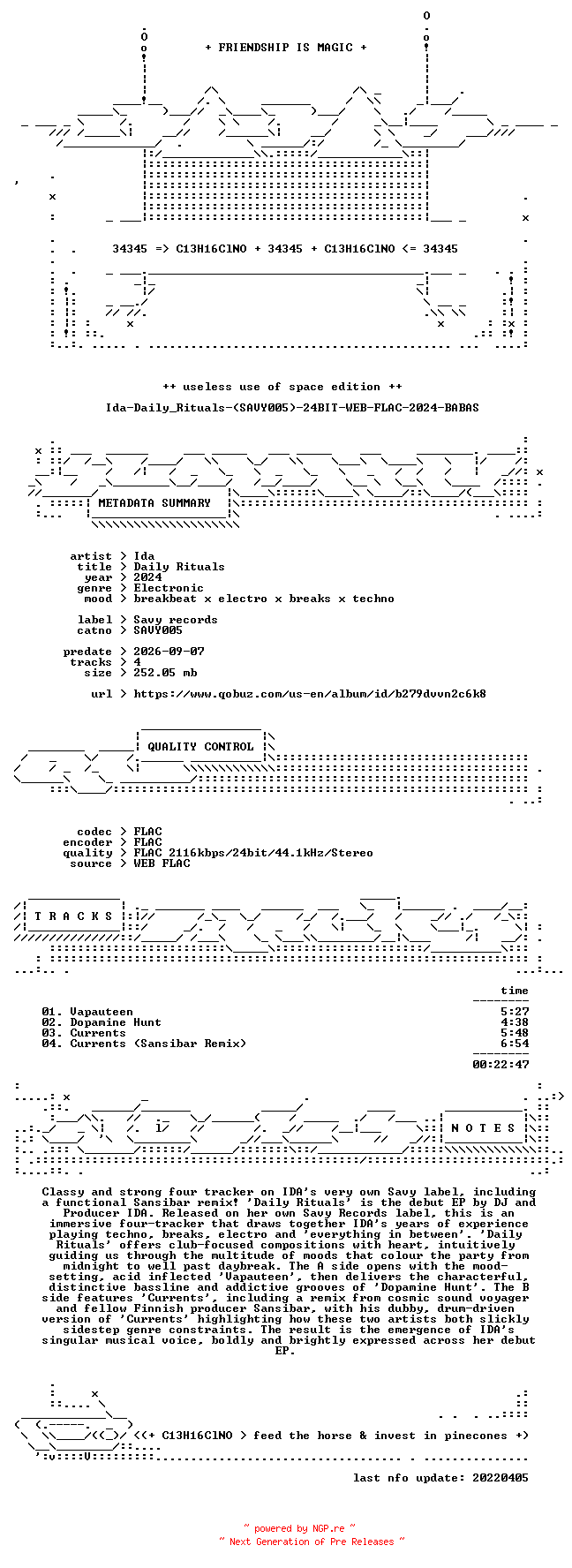 NFO for the release Ida-Daily_Rituals-(SAVY005)-24BIT-WEB-FLAC-2024-BABAS by BABAS