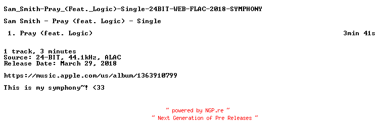 NFO for the release Sam_Smith-Pray_(Feat._Logic)-Single-24BIT-WEB-FLAC-2018-SYMPHONY by SYMPHONY