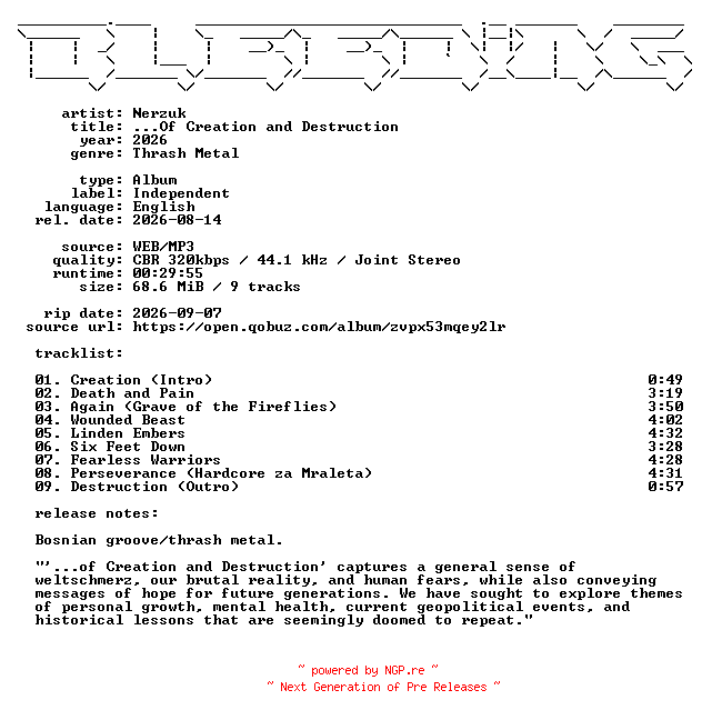 NFO for the release Nerzuk-Of_Creation_and_Destruction-WEB-2026-BLEEDiNG by BLEEDiNG