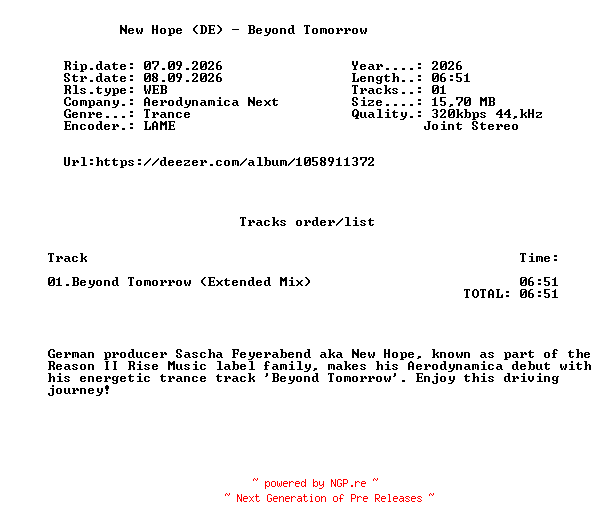 NFO for the release New_Hope_(DE)_-_Beyond_Tomorrow-(NEXT003)-SINGLE-WEB-2026-FMC by FMC