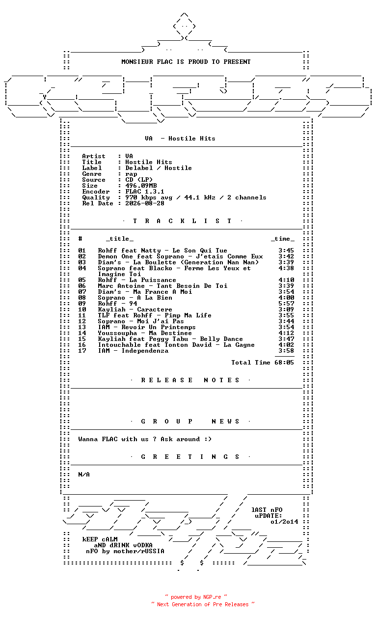 NFO for the release VA-Hostile_Hits-FR-CD-FLAC-2008-Mrflac by Mrflac