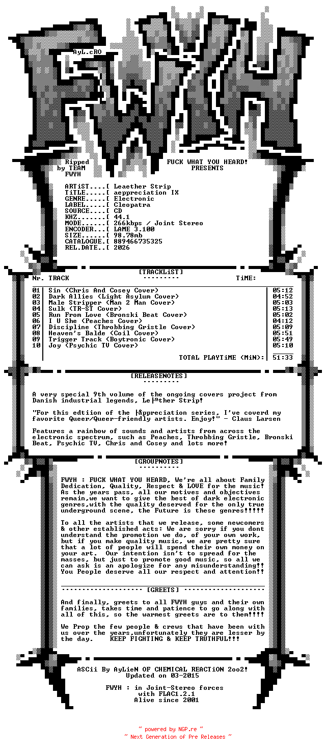NFO for the release Leaether_Strip-Aeppreciation_IX-CD-2026-FWYH by FWYH